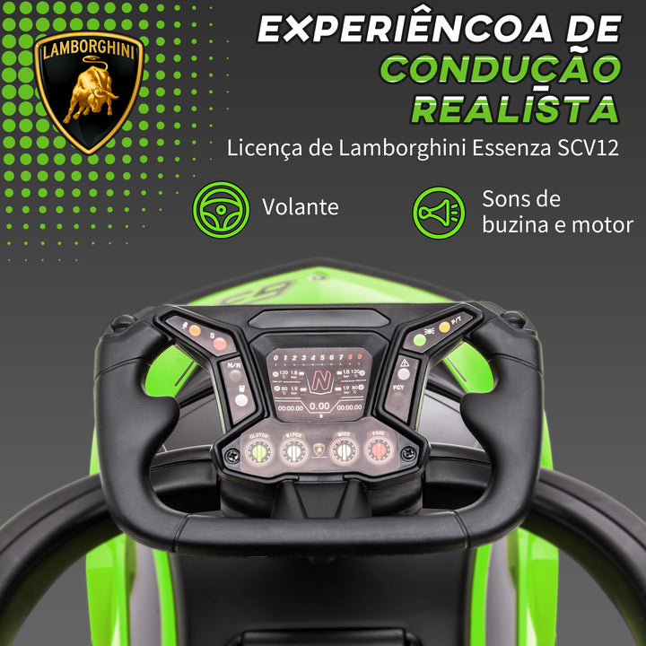2 em 1 Carro Andador para Crianças 12-36 Meses Lamborghini Essenza SCV2 Carro Andador com Buzina Guiador e Grade de Segurança Removível 86,5x40x89,5cm Verde e Preto