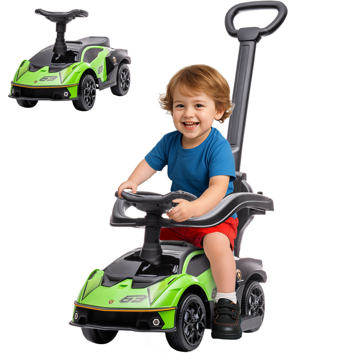 2 em 1 Carro Andador para Crianças 12-36 Meses Lamborghini Essenza SCV2 Carro Andador com Buzina Guiador e Grade de Segurança Removível 86,5x40x89,5cm Verde e Preto
