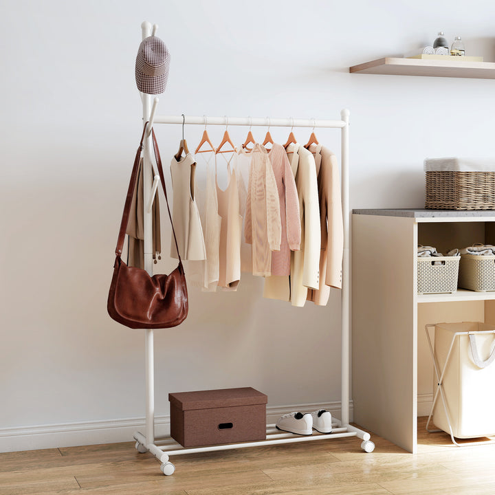 Charriot com Rodas Charriot com 5 Ganchos Barra para Pendurar e Prateleira Inferior Charriot para Dormitório Lavandaria 86x43x171 cm Branco