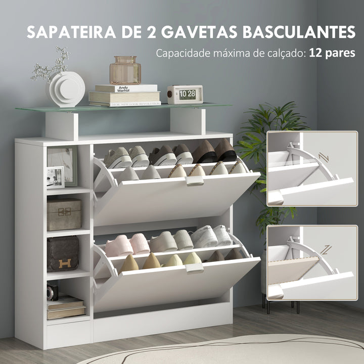 Sapateiro Moderno Sapateiro de Entrada Hall com Gavetas Basculantes, Prateleiras Ajustáveis e Prateleiras Abertas para 12 Pares de Sapatos Sapateiro Estreito para Corredor 89x25x92 cm Branco
