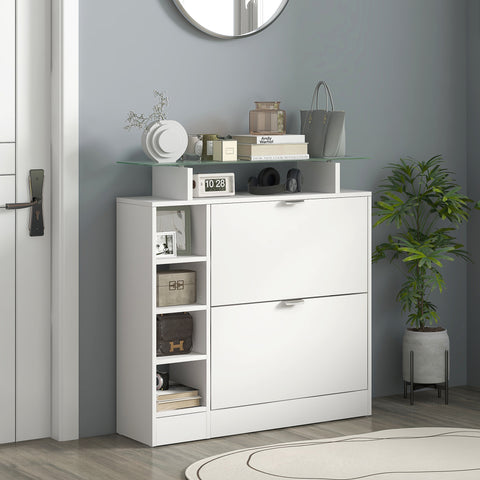 Sapateiro Moderno Sapateiro de Entrada Hall com Gavetas Basculantes, Prateleiras Ajustáveis e Prateleiras Abertas para 12 Pares de Sapatos Sapateiro Estreito para Corredor 89x25x92 cm Branco