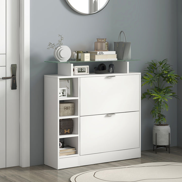 Sapateiro Moderno Sapateiro de Entrada Hall com Gavetas Basculantes, Prateleiras Ajustáveis e Prateleiras Abertas para 12 Pares de Sapatos Sapateiro Estreito para Corredor 89x25x92 cm Branco