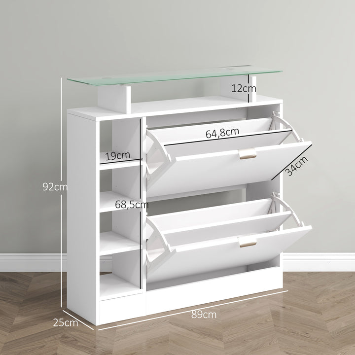 Sapateiro Moderno Sapateiro de Entrada Hall com Gavetas Basculantes, Prateleiras Ajustáveis e Prateleiras Abertas para 12 Pares de Sapatos Sapateiro Estreito para Corredor 89x25x92 cm Branco