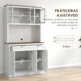 Armário de Cozinha Móvel Auxiliar de Cozinha com 3 Portas de Vidro Compartimento Aberto 2 Gavetas e Prateleiras Ajustáveis 100x40x180 cm Branco