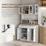 Armário de Cozinha Móvel Auxiliar de Cozinha com 3 Portas de Vidro Compartimento Aberto 2 Gavetas e Prateleiras Ajustáveis 100x40x180 cm Branco