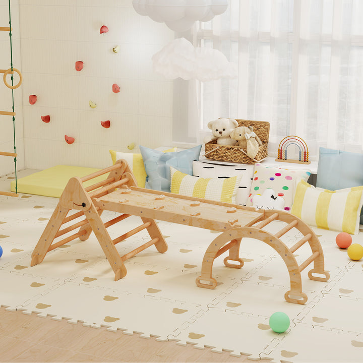 Triângulo de Escalada 7 em 1 Montessori com Arco e Rampa Escalada para Crianças de Madeira Dobrável para 18-48 Meses Para Deslizar ou Escalar 188x70 cm Madeira