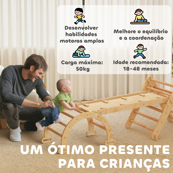 Triângulo de Escalada 7 em 1 Montessori com Arco e Rampa Escalada para Crianças de Madeira Dobrável para 18-48 Meses Para Deslizar ou Escalar 188x70 cm Madeira