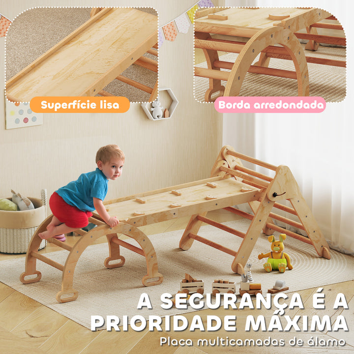 Triângulo de Escalada 7 em 1 Montessori com Arco e Rampa Escalada para Crianças de Madeira Dobrável para 18-48 Meses Para Deslizar ou Escalar 188x70 cm Madeira
