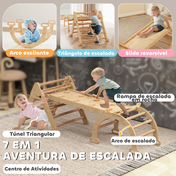 Triângulo de Escalada 7 em 1 Montessori com Arco e Rampa Escalada para Crianças de Madeira Dobrável para 18-48 Meses Para Deslizar ou Escalar 188x70 cm Madeira