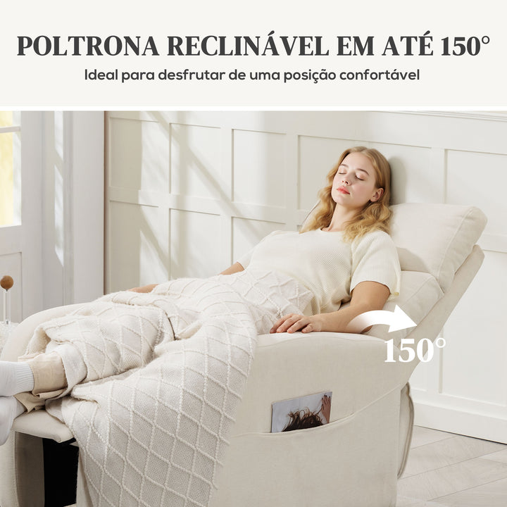 Poltrona Relax Reclinável Manual Poltrona Relax Estofada em Linho Sintético com Apoio para os Pés e Bolso Lateral Poltrona Reclinável para Dormitório Escritório Carga 120 kg 68x90x106 cm Creme