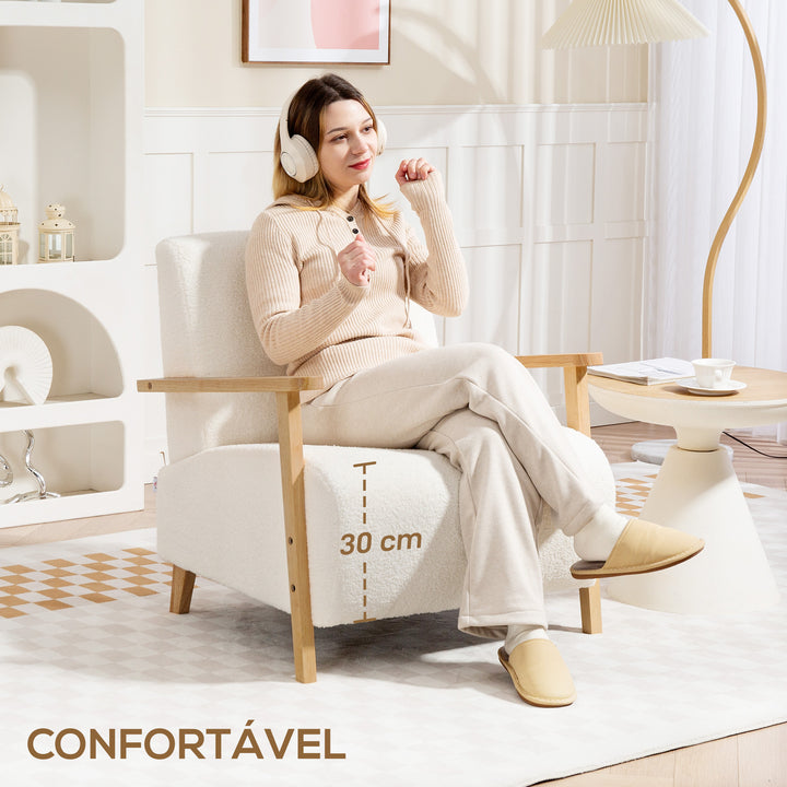 Poltrona Nórdica Poltrona Sala de Estar Estofada em Borrego com Apoio para os Braços de Madeira Acolchoado Espesso e Pés de Madeira para Dormitório 74,5x76x78 cm Creme