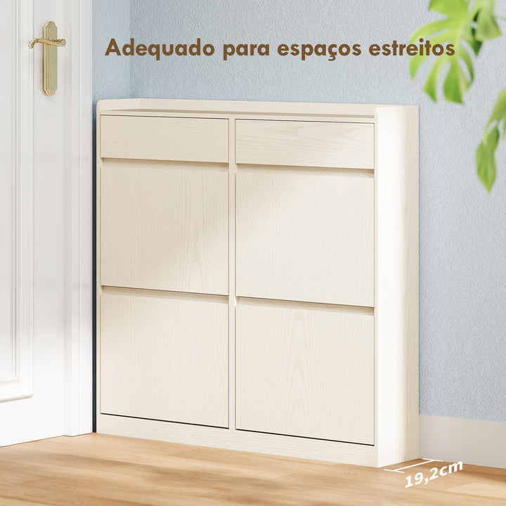 Sapateira Estreita com 4 Portas Articuladas Sapateira para Entrada com 2 Gavetas para 8 Pares de Sapatos para Corredor Espaços Reduzidos 98x19,2x95,3 cm Branco