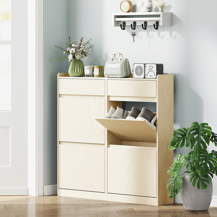 Sapateira Estreita com 4 Portas Articuladas Sapateira para Entrada com 2 Gavetas para 8 Pares de Sapatos para Corredor Espaços Reduzidos 98x19,2x95,3 cm Branco