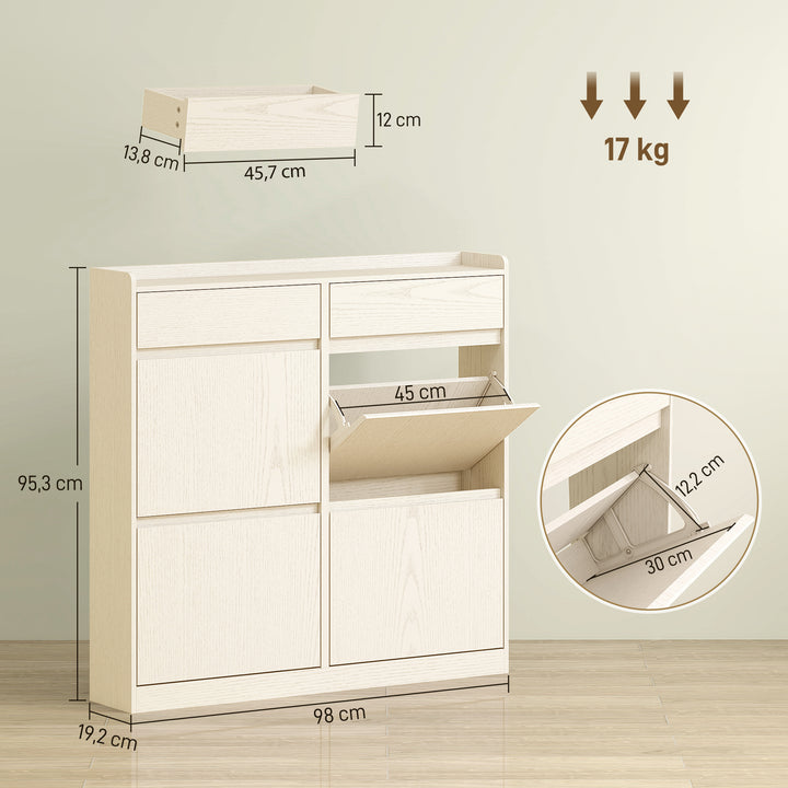 Sapateira Estreita com 4 Portas Articuladas Sapateira para Entrada com 2 Gavetas para 8 Pares de Sapatos para Corredor Espaços Reduzidos 98x19,2x95,3 cm Branco
