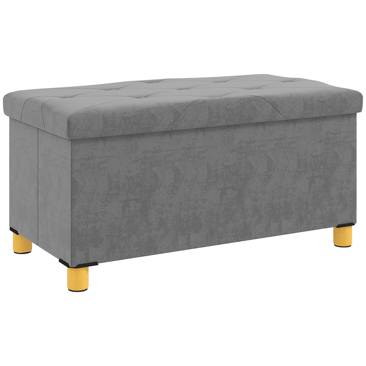 Banco de Armazenamento Dobrável Puff de Armazenamento Capacidade de 67 L Estofado em Veludo Baú de Armazenamento Quarto Carga 120 kg para Sala de Estar Entrada 76x38x38 cm Cinza