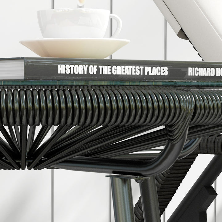 Mesa Auxiliar de Vime Sintético Mesa de Centro Redonda para Exteriores com Bancada de Vidro Temperado e Pés de Metal para Pátio Jardim Varanda Ø50x50 cm Preto