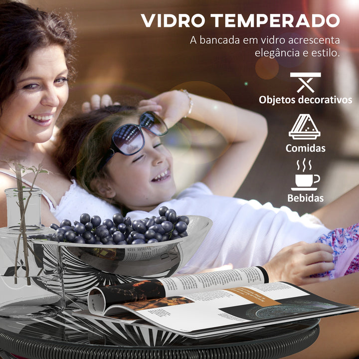 Mesa Auxiliar de Vime Sintético Mesa de Centro Redonda para Exteriores com Bancada de Vidro Temperado e Pés de Metal para Pátio Jardim Varanda Ø50x50 cm Preto