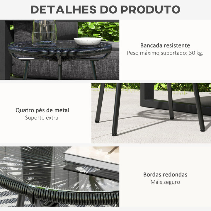Mesa Auxiliar de Vime Sintético Mesa de Centro Redonda para Exteriores com Bancada de Vidro Temperado e Pés de Metal para Pátio Jardim Varanda Ø50x50 cm Preto
