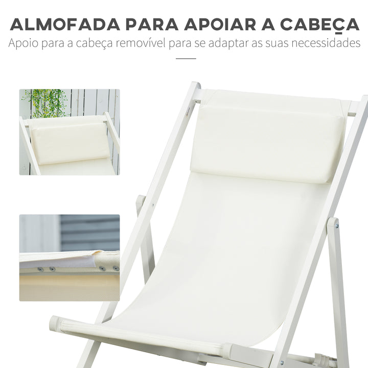 Conjunto de 2 Espreguiçadeiras Dobráveis de Alumínio Espreguiçadeiras de Jardim com Encosto Reclinável em 5 Posições e Apoio para a Cabeça Acolchoado 58x96,5x91,5 cm Branco
