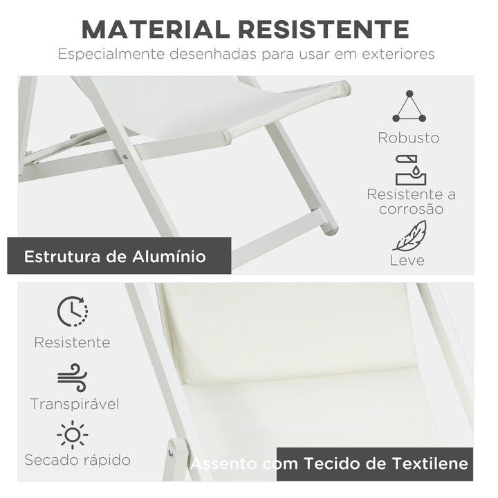 Conjunto de 2 Espreguiçadeiras Dobráveis de Alumínio Espreguiçadeiras de Jardim com Encosto Reclinável em 5 Posições e Apoio para a Cabeça Acolchoado 58x96,5x91,5 cm Branco