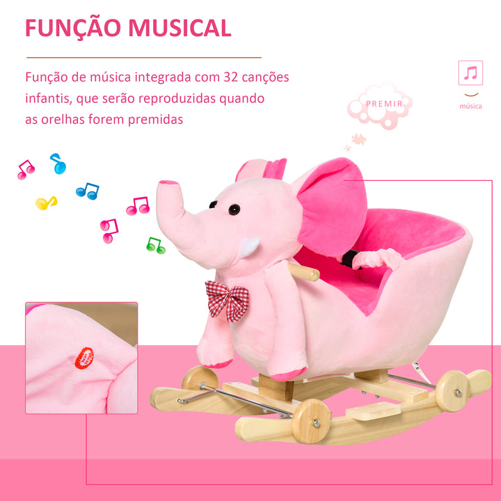Cavalo Baloiço com Rodas e Forma de Elefante Cavalo Baloiço para Bebés acima de 18 Meses com Músicas Infantis e Cinto de Segurança Carga Máxima 60 kg 60x35x45 cm Rosa