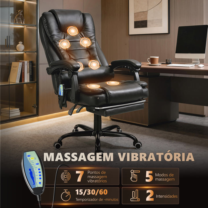 Cadeira de Massagem com 7 Pontos de Massagem Cadeira de Escritório Reclinável com Altura Ajustável Apoio para os Pés e Controlo Remoto 67x79x111-121 cm Preto