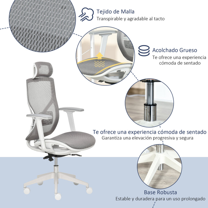 Cadeira de Escritório Giratória com Altura Ajustável Apoio para os Braços Apoio para a Cabeça e Suporte Lombar Reguláveis Encosto Alto 67x65x120-128cm Cinza
