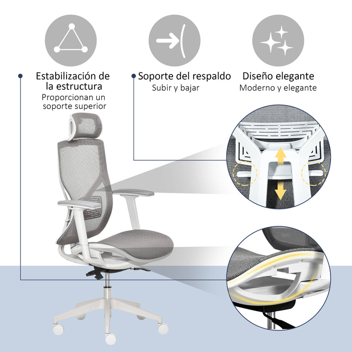 Cadeira de Escritório Giratória com Altura Ajustável Apoio para os Braços Apoio para a Cabeça e Suporte Lombar Reguláveis Encosto Alto 67x65x120-128cm Cinza