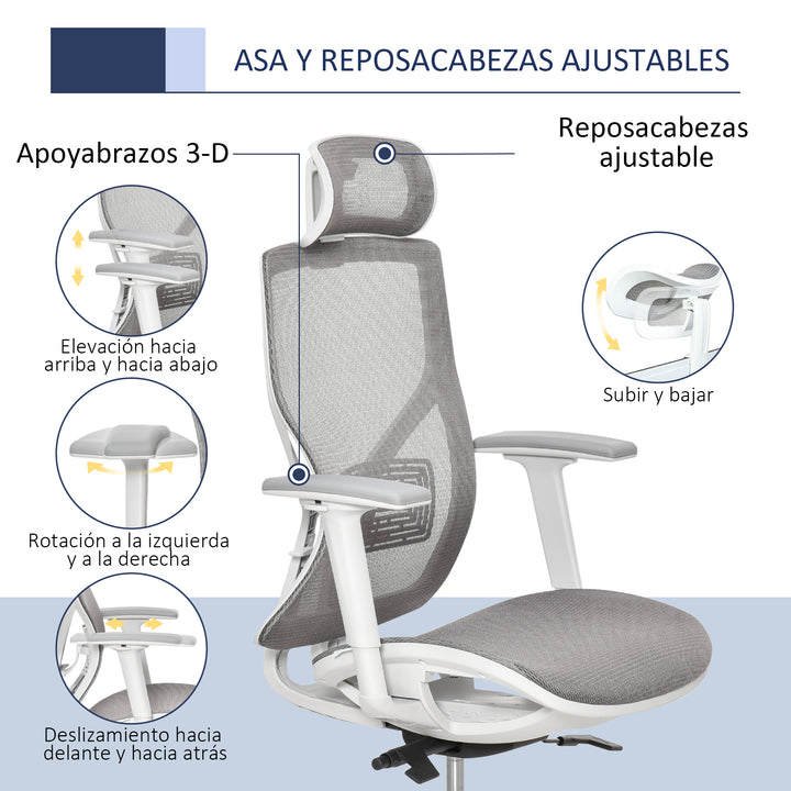 Cadeira de Escritório Giratória com Altura Ajustável Apoio para os Braços Apoio para a Cabeça e Suporte Lombar Reguláveis Encosto Alto 67x65x120-128cm Cinza