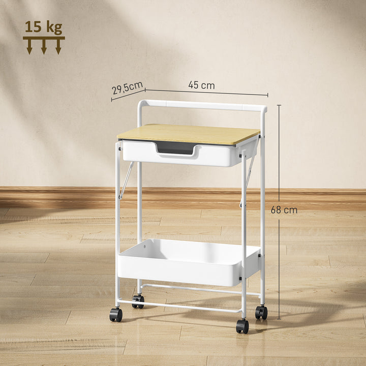 Carrinho Auxiliar com Rodas de 2 Níveis Carrinho de Cozinha com 1 Gaveta e 1 Cesto Carrinho Organizador para Dormitorio Sala Escritório 45x29,5x68 cm Branco