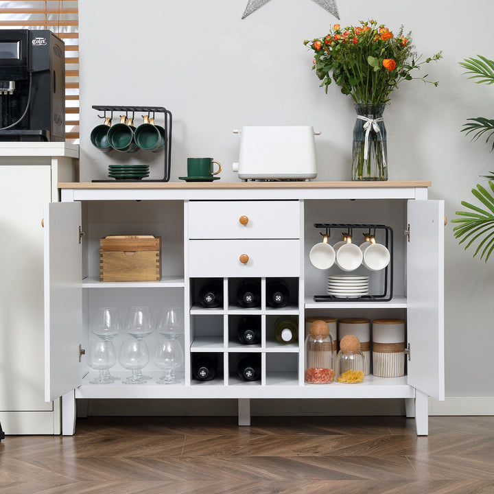Aparador de Cozinha Moderno com 2 Gavetas 2 Armários com Prateleiras Ajustáveis e Suporte para 9 Garrafas Móvel Auxiliar de Armazenamento para Sala de Jantar 110x35x75 cm Branco e Madeira