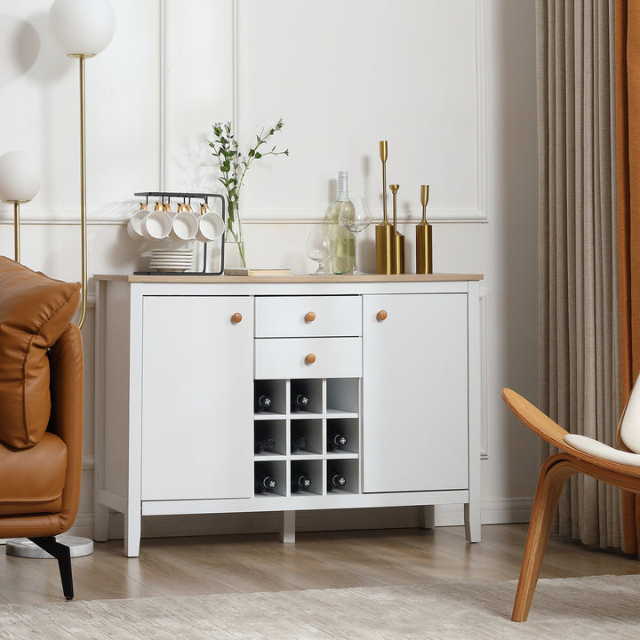 Aparador de Cozinha Moderno com 2 Gavetas 2 Armários com Prateleiras Ajustáveis e Suporte para 9 Garrafas Móvel Auxiliar de Armazenamento para Sala de Jantar 110x35x75 cm Branco e Madeira