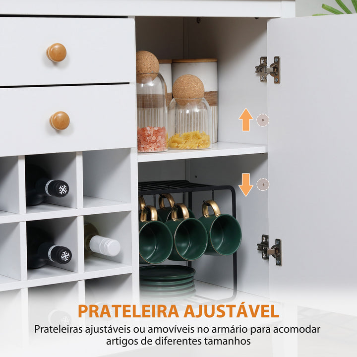 Aparador de Cozinha Moderno com 2 Gavetas 2 Armários com Prateleiras Ajustáveis e Suporte para 9 Garrafas Móvel Auxiliar de Armazenamento para Sala de Jantar 110x35x75 cm Branco e Madeira