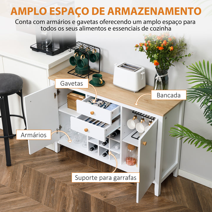 Aparador de Cozinha Moderno com 2 Gavetas 2 Armários com Prateleiras Ajustáveis e Suporte para 9 Garrafas Móvel Auxiliar de Armazenamento para Sala de Jantar 110x35x75 cm Branco e Madeira