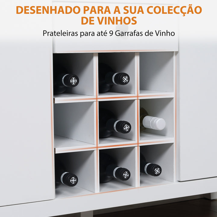 Aparador de Cozinha Moderno com 2 Gavetas 2 Armários com Prateleiras Ajustáveis e Suporte para 9 Garrafas Móvel Auxiliar de Armazenamento para Sala de Jantar 110x35x75 cm Branco e Madeira