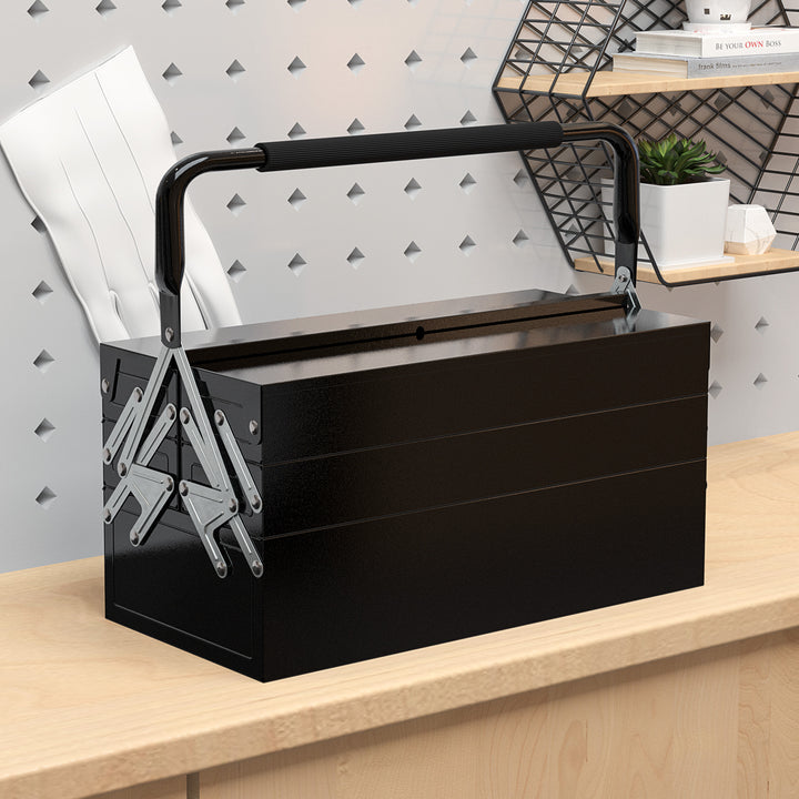 Caixa de Ferramentas de Aço Dobrável com 5 Compartimentos Mala de Ferramentas com Pega para Oficina e Casa 45x20x34,5 cm Preto