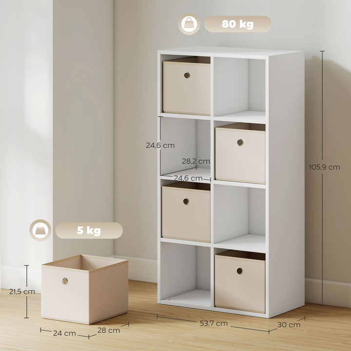 Estante Cubo Moderna Estante de Armazenamento Horizontal ou Vertical com 8 Compartimentos Abertos e 4 Gavetas de Tecido para Sala de Estar Quarto Escritório 105,9x30x53,7 cm Branco e Bege