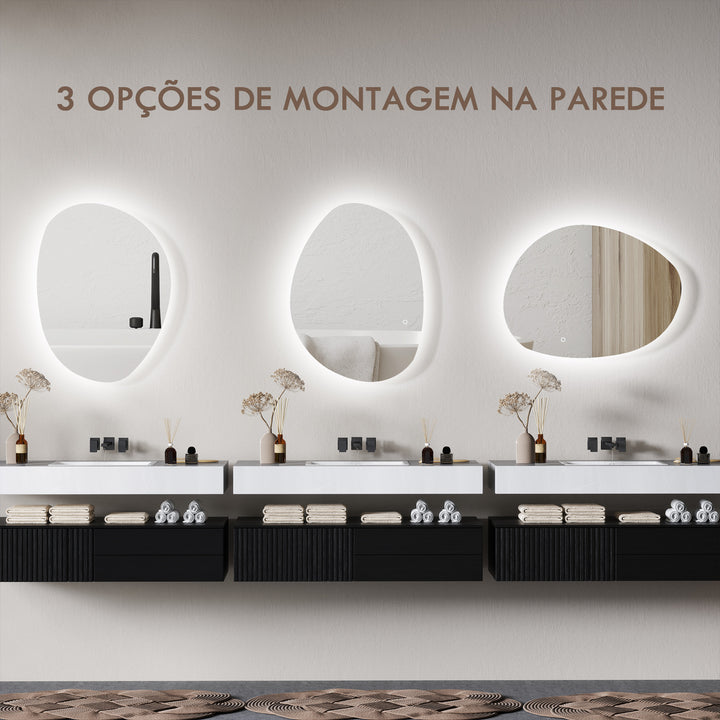 Espelho de Casa de Banho LED 80x60 cm Espelho de Parede sem Moldura 3 Cores de Luz Brilho Regulável Função Anti-Embaciamento Função Memória, Interruptor Táctil IP44 Prata