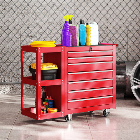 Carrinho de Ferramentas com 7 Gavetas Carrinho de Oficina com Estante de 3 Níveis Removível Sistema de Fecho Central Asa 2 Rodas com Travão de Bloqueio Vermelho