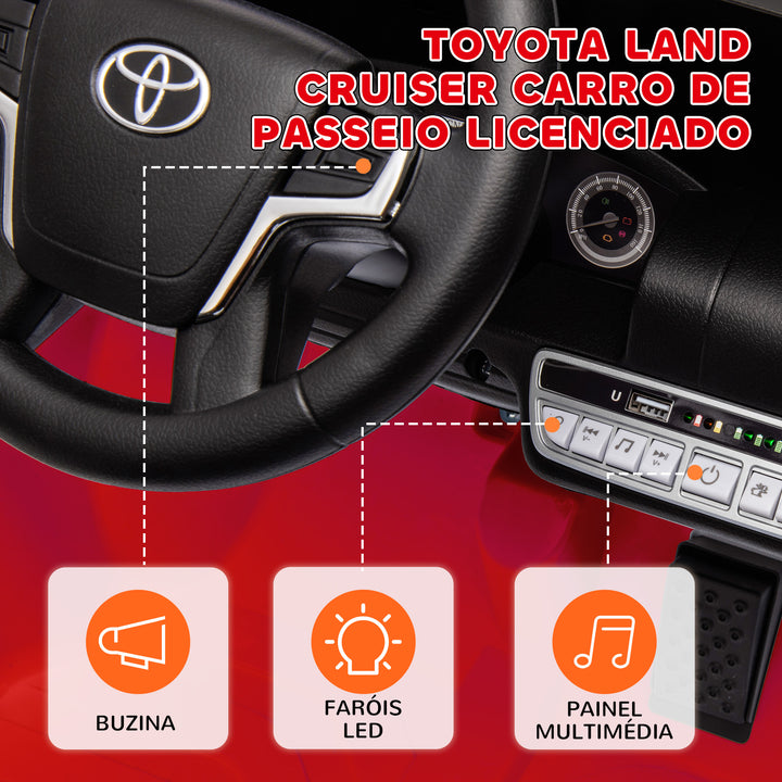 Carro Elétrico para Crianças acima de 3 Anos Carro Elétrico Toyota Land Cruiser com Bateria 12V Controlo Remoto Faróis Buzina Arranque Lento e Música MP3 107x65x55,5 cm Vermelho