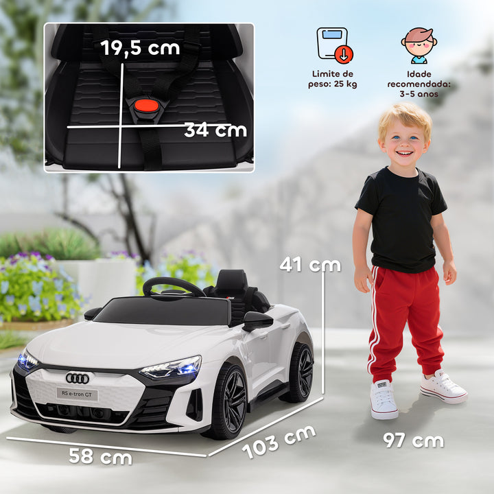 Carro Elétrico AUDI RS E-Tron GT para Crianças de 3-6 Anos Carro de Bateria 12V com 2 Motores Controlo Remoto Faróis LED Buzina Música USB e Abertura de Porta 3-5km/h 103x58x41cm Branco