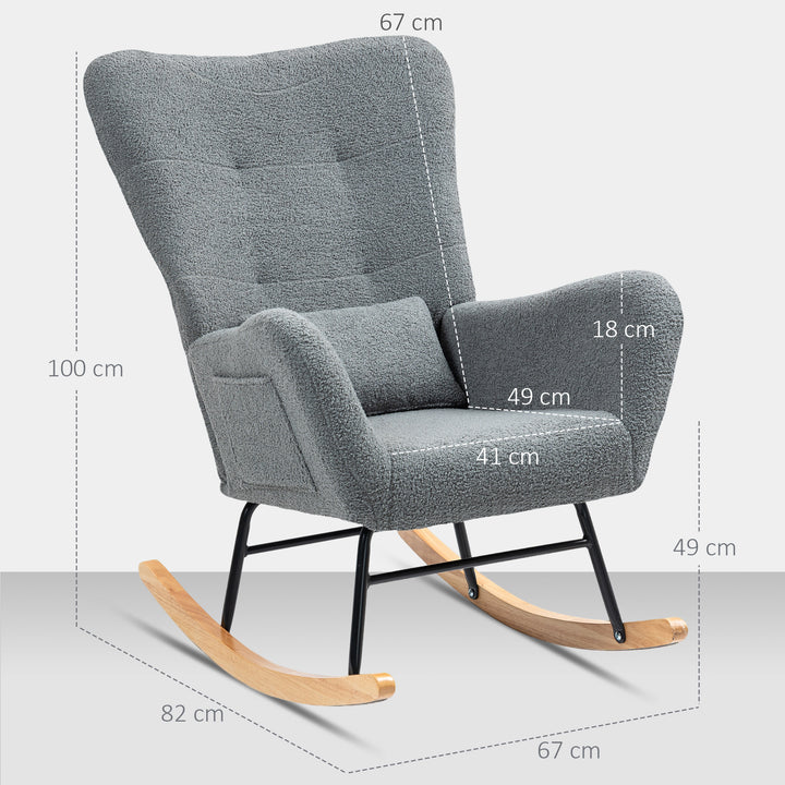 Poltrona Baloiço em Borrego Sintético Poltrona para Amamentação com Encosto Acolchoado Almofada e Base de Madeira de Borracha Suporta 120 kg 67x82x100 cm Cinza