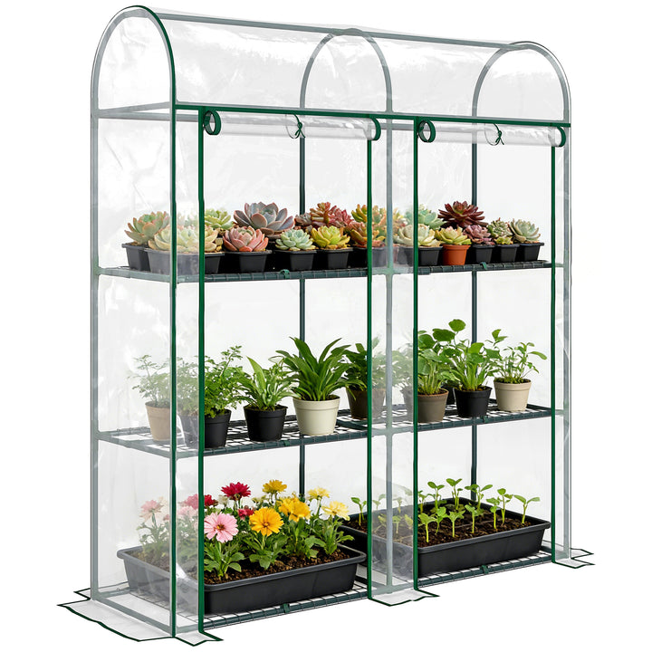 Estufa Pequena de 3 Níveis Estufa Exterior com 2 Portas Enroláveis Estrutura de Aço e Cobertura de Plástico Anti-UV para Cultivar Plantas Flores 143x46x164 cm Transparente
