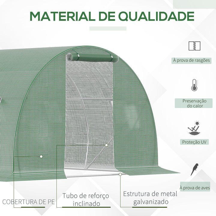 Estufa Tipo Túnel 4,5x3x2 m Estufa de Exterior com Paredes Laterais Enroláveis 6 Janelas de Malha e Porta Enrolável com Fecho de Correr para Jardim Pátio Verde