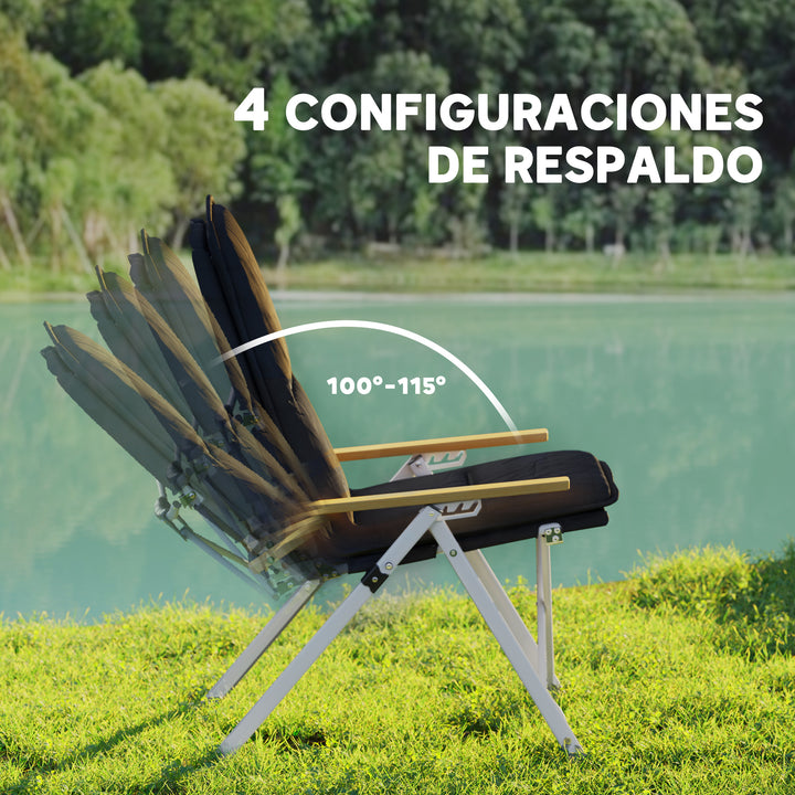 2 Cadeiras de Campismo Dobráveis de Alumínio Cadeiras de Jardim Portáteis com Encosto Alto Ajustável Apoios de Braços de Madeira e Bolsa de Transporte para Exterior 59x67x96 cm Preto