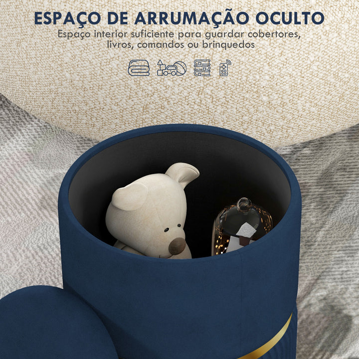 Banco de Armazenamento para Dormitório Puff de Arrumação Estofado em Veludo Banco de Arrumação com Pés Antiderrapantes Ø36x44 cm Azul Escuro