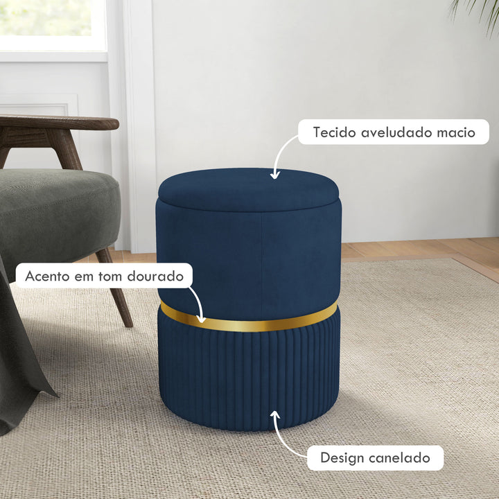 Banco de Armazenamento para Dormitório Puff de Arrumação Estofado em Veludo Banco de Arrumação com Pés Antiderrapantes Ø36x44 cm Azul Escuro