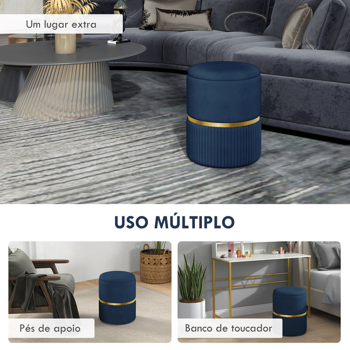 Banco de Armazenamento para Dormitório Puff de Arrumação Estofado em Veludo Banco de Arrumação com Pés Antiderrapantes Ø36x44 cm Azul Escuro