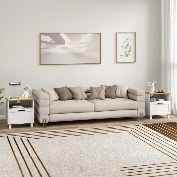 Conjunto de 2 Mesas de Cabeceira Modernas Mesas de Cabeceira com Gaveta Compartimento Aberto Pés de Madeira Mesa Auxiliar para Sala Dormitório 45x38x50 cm Branco