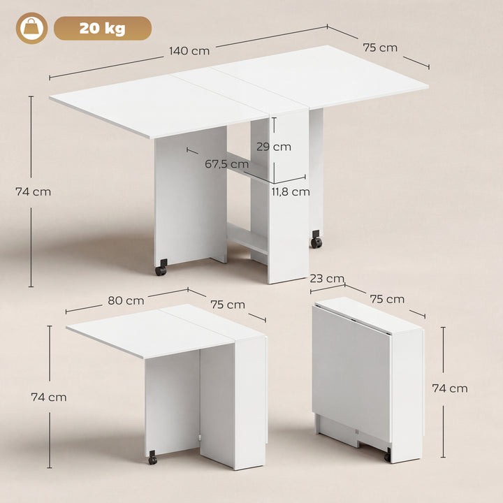 Mesa de cozinha Dobrável de Madeira com Rodinhas 140 x 80 x 74 cm Branca
